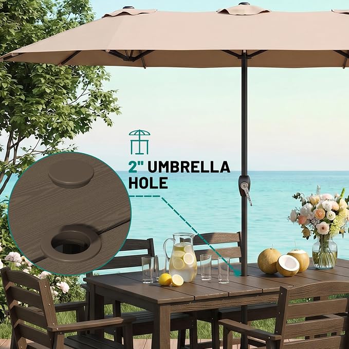 PLUUV Outdoor Dining Set for 8 Person, HDPE Large Table with Aluminum Legs and 8 Armless Chairs, All-Weather Patio Dining Furniture Set with Umbrella Hole for Backyard, Garden, Coffee