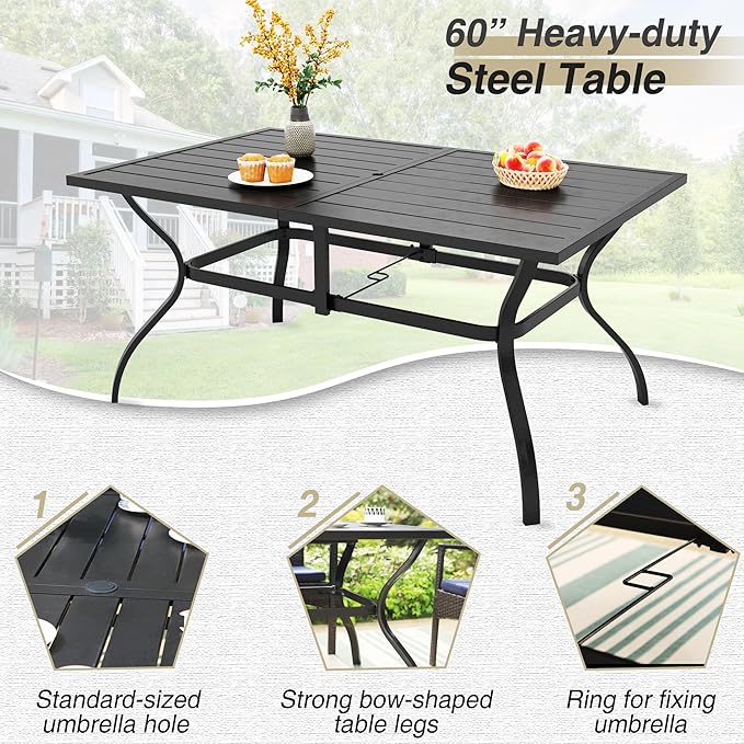 PHI VILLA 7-Piece Outdoor Patio Dining Set for 6, Metal Steel Frame Table with Umbrella Hole & All Weather PE Rattan Cushioned Chairs Set, for Deck, Yard, Porch