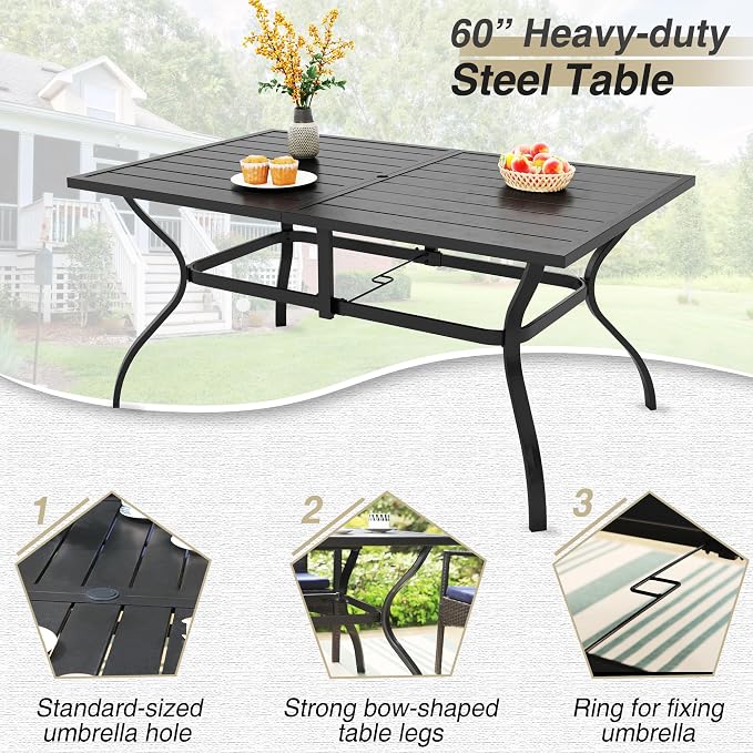 PHI VILLA 7pc Patio Dining Set with Beige Umbrella, 6 Rattan Chairs | PE Rattan Chairs with Cushion, 13ft Large Beige Umbrella, Powder-coated, for Deck, Yard, Porch