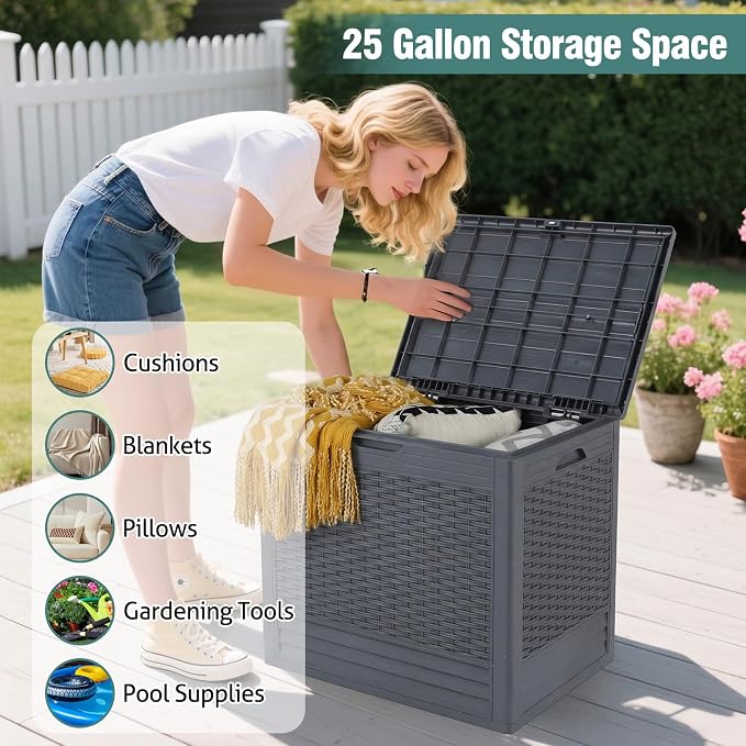 Giantex 25 Gallon Outdoor Storage Box, PP Deck Container with Rattan Patterns & Lockable Lid, All-Weather Patio Plastic Storage Bin for Package Delivery, Garden Tools, Patio Cushions (Grey)