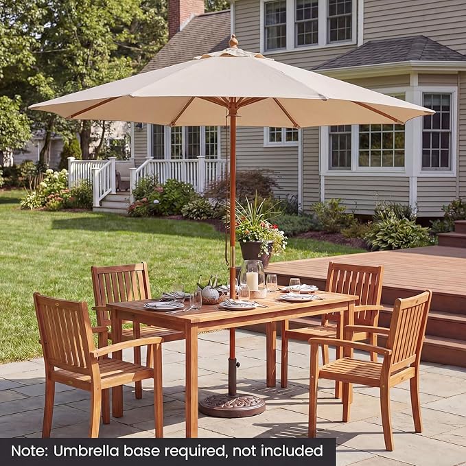 HAPPYGRILL 9 FT Patio Umbrella, Outdoor Table Market Umbrella with 8 Sturdy Bamboo Ribs, Wood Pole, Sun-Protective Double-Tier Canopy, Air Vent, Sunshade Parasol for Garden Deck Backyard Pool (Beige)