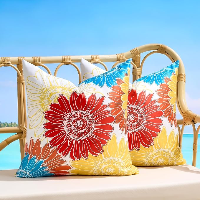 Summer Decorative Sunflower Pillow Covers Outdoor Red Orange Throw Pillow Covers Waterproof Floral Square Farmhouse Cushion Throw Pillowcase 18x18 Set of 2 for Living Room Sofa Patio Furniture Garden