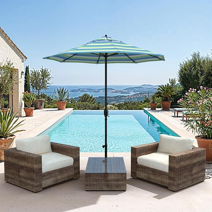 California Umbrella 12-Year Protection 7.5-Ft Outdoor Patio Umbrella, Sunbrella Fade-Resistant Fabric, Auto-Tilt, Heavy Duty Aluminum Frame, 8 Reinforced Ribs for Pool or Deck, Black Pole, Seville Seaside