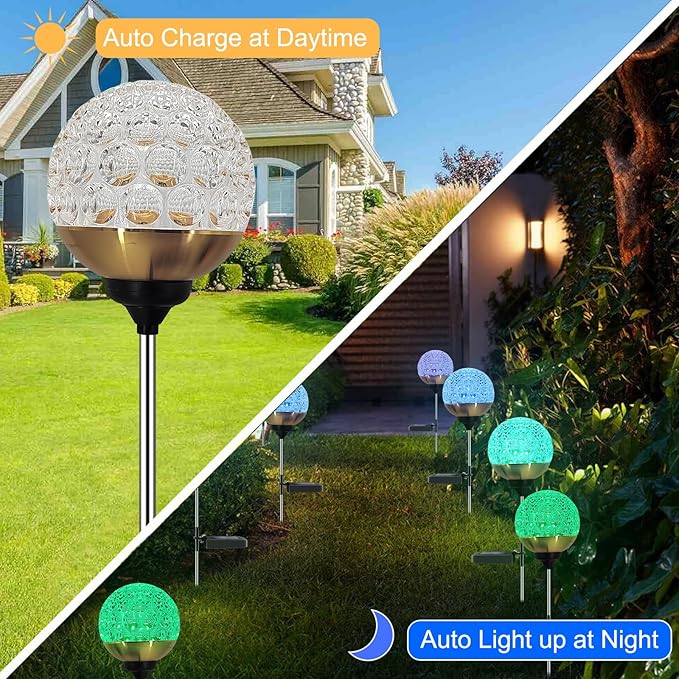 Solar Garden Lights Outdoor, 4 Pack Upgraded Globe Powered Garden Lights, Waterproof Multi-Color Changing LED Stake Lights for Patio Yard Pathway Landscape Decoration