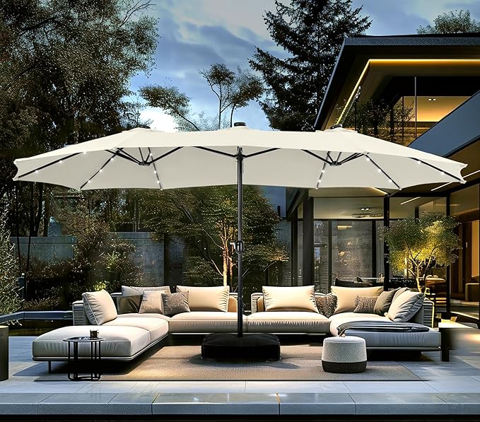 PHI VILLA 15ft Large Patio Umbrella with Solar Lights, Double-Sided Outdoor Market Rectangle Umbrellas with 36 LED Lights, Umbrella Base (Stand) Included, Ivory