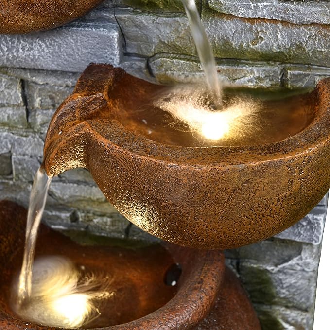 42.52" Outdoor Water Fountain with LED Lights, 4-Tier Floor-Standing Garden Waterfall Fountain, Rustic Pot Design Resin Water Feature for Patio, Backyard, Deck, Porch, Home Deco