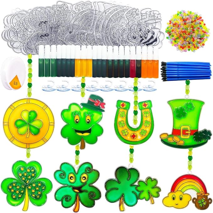 AUEKIV St. Patrick's Day Shamrock Suncatchers Ornaments DIY Window Paint Art Craft Kit 32pcs Irish Lucky Shamrock Four-Leaf Clover Rainbow Sun Catchers Decorations for Party Favors Activities Gift