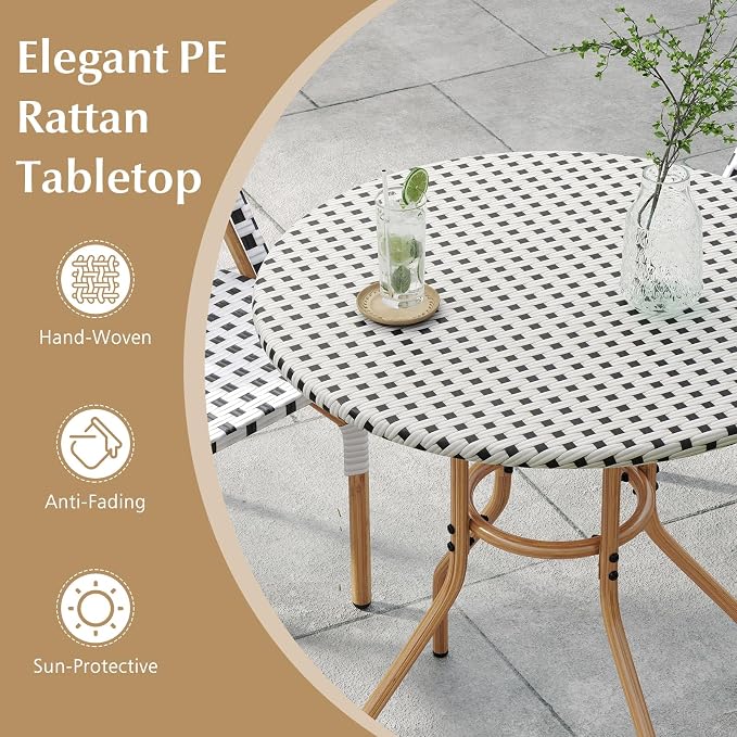HAPPYGRILL Outdoor Bistro Table, 27.5” Round Patio Table with Hand-Woven PE Rattan Tabletop and Metal Frame, for Garden Backyard Porch Balcony