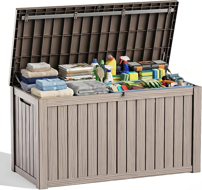 Waterproof Outdoor Storage Box Outside Deck Box Lockable Resin Bench UV Resistant Furniture Cushion Pool Tool Float Bin Patio Garden Porch (Grey, 180 Gallon)