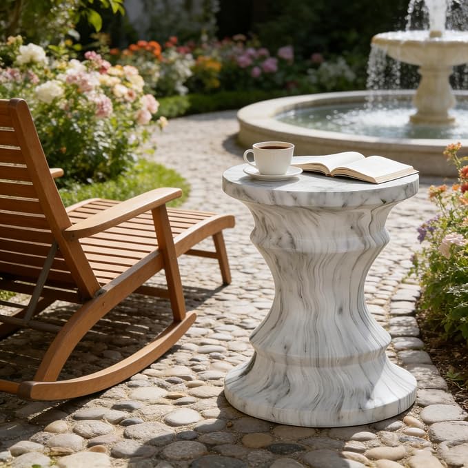 Outdoor Side Table Round Concrete Side Table Faux Stone End Tables Cement Accent Tables Patio Garden Stool Plant Stand for Porch, Backyard Balcony,15.35",Grey
