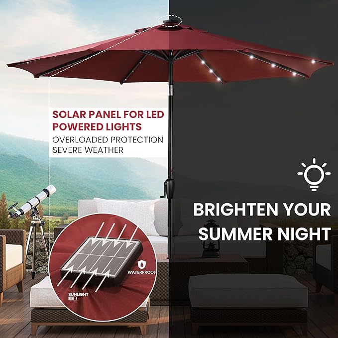 Sun-Ray 9' Round Patio Umbrella with 32 Solar Powered LED Lights, Push-Button Tilt and Hand Crank Lift, Solar Umbrella in Burgundy for Porch, Deck, and Patio