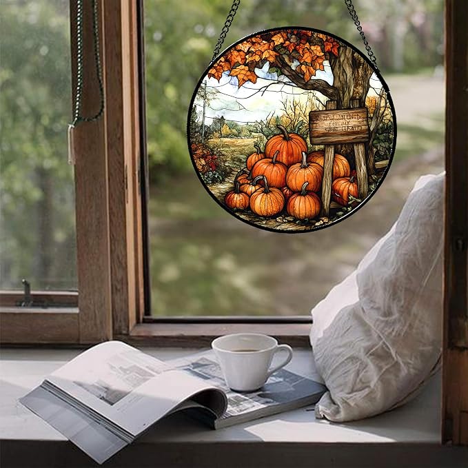 DASTOLL Stained Glass Window Hanging Fall Farm Scenery Maple Trees Pumpkin Large 11.8" - Suncatcher Door Garden Kitchen Sun Catcher Autumn Decor Birthday for Mom Nana Men Woman Friend