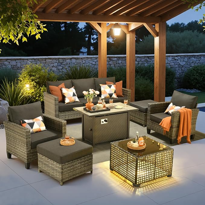 7 Piece Wicker Patio Furniture Set with Firepit Table, Black | Outdoor Deep Seating Sofa Chair Ottoman, Firepit, Solar Lights Table, Modern Conversation Set, Porch Deck Backyard