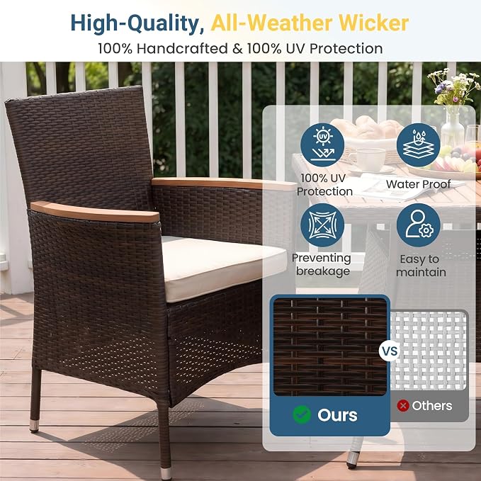 Wisteria Lane Patio Outdoor Table and Chairs Set, Rattan Outdoor Patio Furniture Set with Removable Cushions, Outdoor Patio Dining Sets with Acacia Wood Tabletop for Garden Backyard Deck, Brown