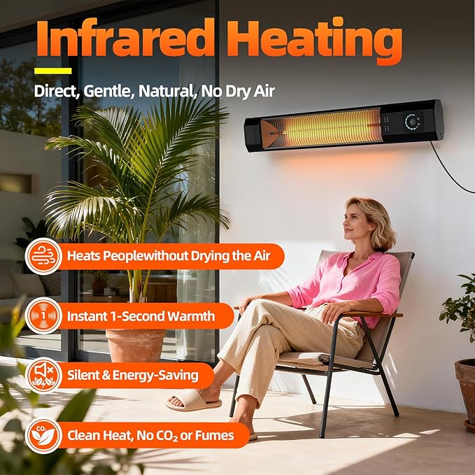 Wall-Mounted 34" 1500W Infrared Electric Patio Heater with Remote & Motion Sensor, 9 Heat Levels, 9H Timer, IPX5 Waterproof for Indoor Outdoor Use Garage Backyard Deck Porch Patio Heaters
