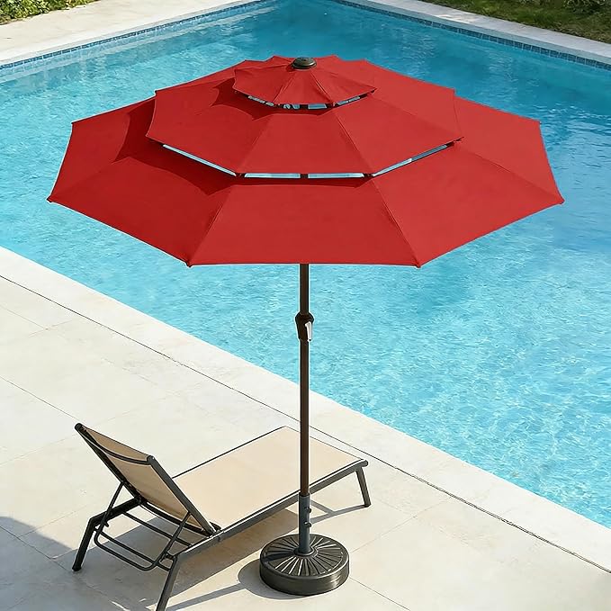 10ft 3 Tier Patio Umbrella, Outdoor Market Table Umbrella with UPF 50+ Vented Canopy, 8 Sturdy Ribs, Easy Push Button Tilt and Crank, Windproof for Deck, Pool, Backyard and Garden