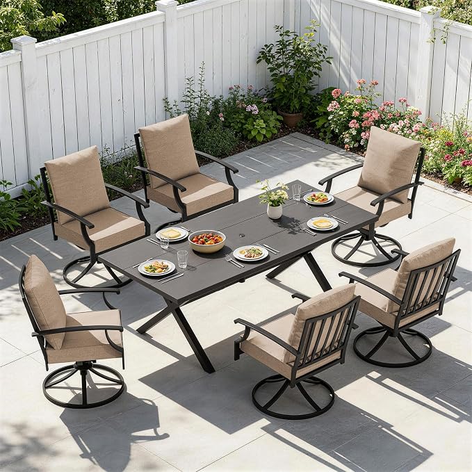 7 PCS Outdoor Patio Dining Set,Patio Table and Chairs Metal Outdoor Patio Furniture Set with Umbrella Hole,Dining Table Set with 6 Swivel Chairs for Deck,Backyard and Garden,Brown