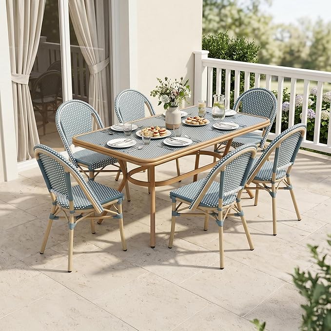 PURPLE LEAF 7-Piece French Bistro Dining Set Rectangle Outdoor Patio Table and 6 Armless Chairs Tempered Glass Top PE Rattan Champagne Print Finish Aluminum Frame Light Blue