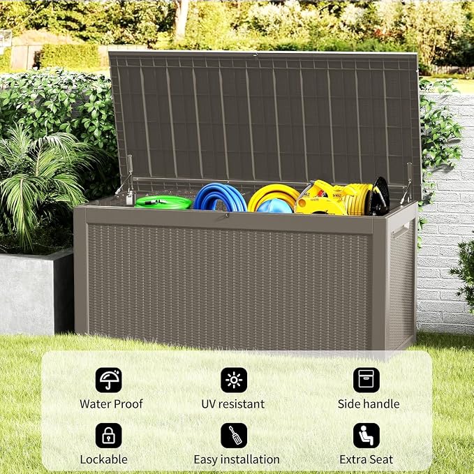 200 Gallon Waterproof Large Resin Deck Box Indoor Outdoor Lockable Storage Container for Patio Furniture Cushions Garden Tools, Black