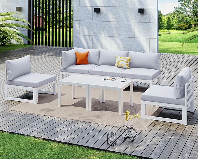 NICESOUL 7 Piece Oversized Modular Aluminum Outdoor Furniture Set, 29" Deep Wide Sectional Seating, 500 lbs High Weight Capacity Water Resistant Patio Conversation Set for Garden Terrace, Light Gray