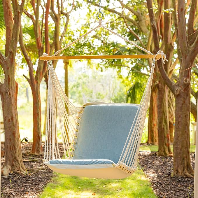 Original Pawleys Island Sunbrella Cushioned Single Swing – Cast Mist, Oak Spreader Bar, 350 lb Capacity, 24 in. x 24 in., Handcrafted in The USA