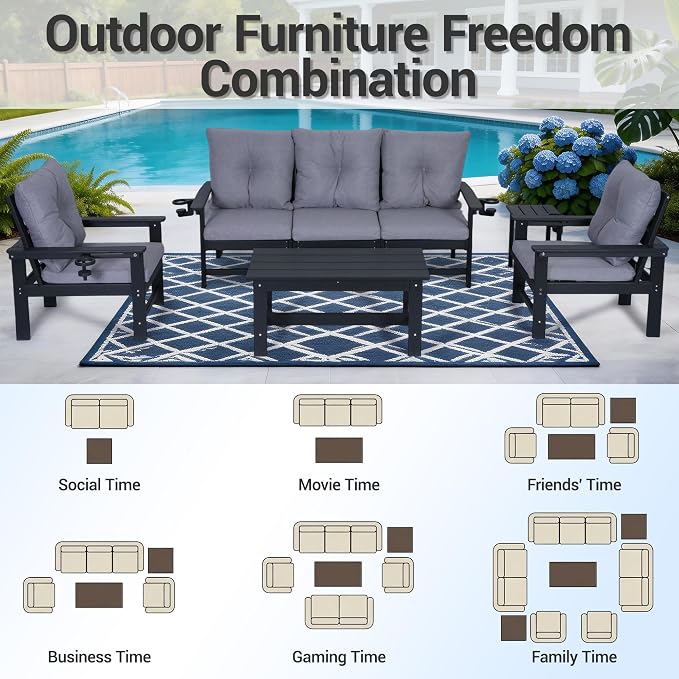 7-Piece HDPE Patio Conversation Set w/ 4 Cup Holders, All-Weather Outdoor Sectional Furniture, Thick Washable Cushions, Coffee Table & Side Table for Backyard Porch Poolside, Black
