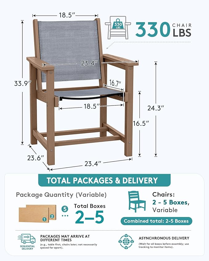 SERWALL Outdoor Dining Chairs Set of 2, All-Weather HDPE Textilene Sling Dining Chair for Backyard, Garden, Brown