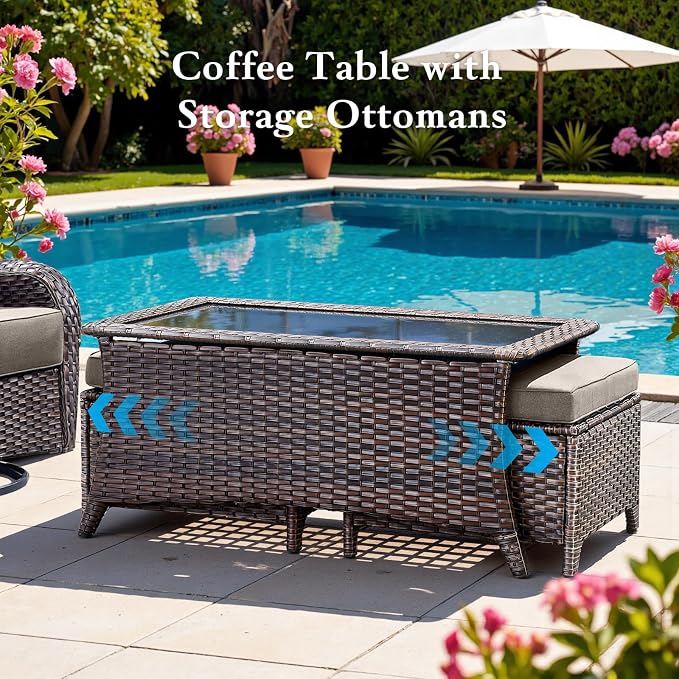 Belord Luxury 6" Thick Cushioned 7 Pieces Patio Furniture Set with Outdoor Couch, Wicker Outdoor Conversation Set with High Back Swivel Rocker Chairs for Deck Porch Yard and Poolside - Brown+Grey