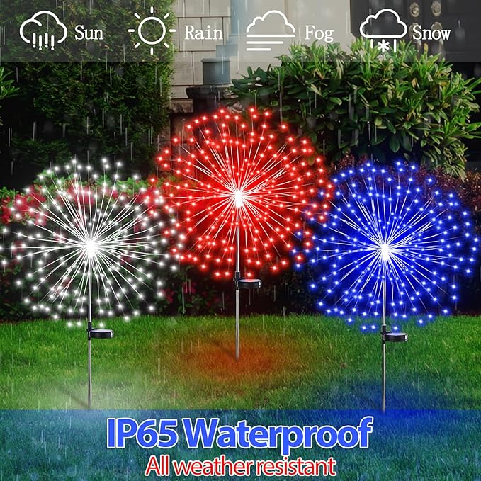 Tujoe 9 Pcs 4th of July Solar Firework Stake Lights 180 LED 8 Modes Solar Waterproof LED Sparkler Lights Outdoor Patriotic Decoration for Memorial Independence Day Garden Patio Yard (Red, Blue, White)