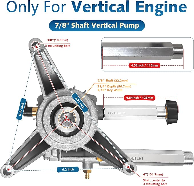 7/8" Pressure Washer Pump Replacement, 2200-2500PSI,Front Inlet/Outlet | 2500 PSI Cleaning Power • Fits 7/8" Vertical Shaft Engines • Ideal for Driveways,Patios, Fences,Vehicles & Outdoor Surfaces