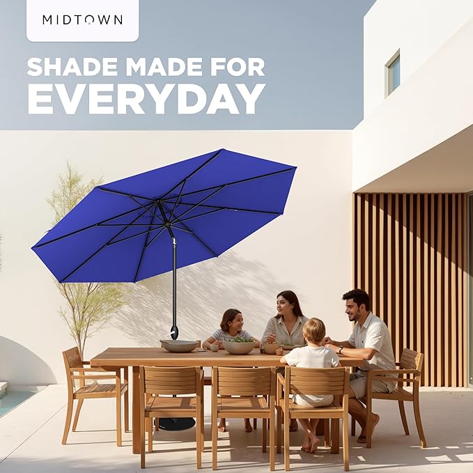 Midtown Umbrellas - 10-Year-No-Fade 10 Ft Patio Umbrella with Terylast Fabric, Auto-Tilt Aluminum Frame and 8 Reinforced Ribs for Deck, Pool, Garden & Beach - Royal Blue Canopy, Black Pole