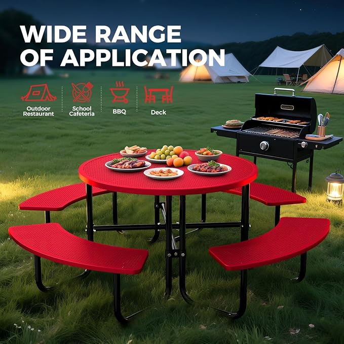 46" Coated Round Metal Picnic Table for 4-8 Person, Durable Heavy Duty Commercial Picnic Table with Umbrella Hole for Outdoor Coffee Shop, School, Easy to Install, Red