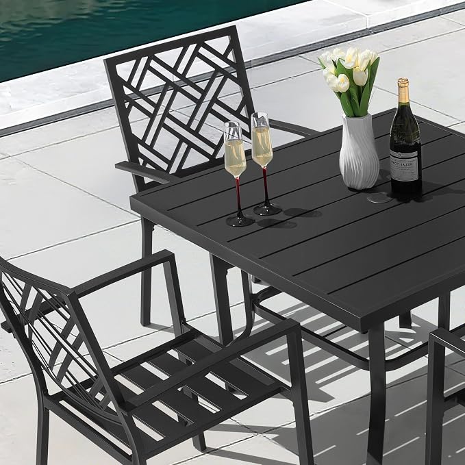 NUU GARDEN 5 Piece Patio Dining Set for 4 with Stackable Chairs | 37" square table with umbrella hole and 4 stackable metal chairs featuring slatted seats and backs for outdoor dining