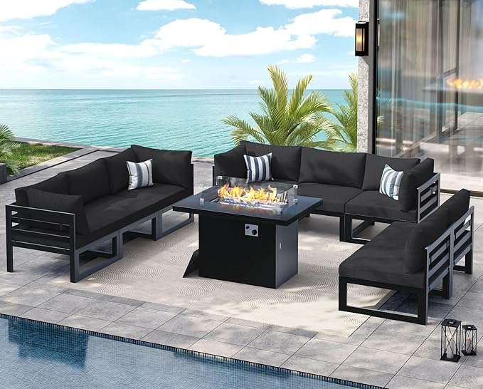 NICESOUL 9 Piece Modern Aluminum Outdoor Patio Furniture Set with Fire Pit Table Propane/Gas, 29" Wide Deep Seat, No Rust Extra Large Sectional Sofa, 500 lbs Heavy Duty Garden Conversation Set, Black