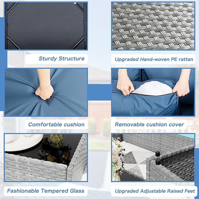 Shintenchi 7 Pieces Outdoor Patio Furniture Sets, Patio Sectional Sofa Couch, Silver Gray PE Wicker Furniture Modular Patio Conversation Sets Patio Sofa with Washable Cushions & Coffee Table (Blue)