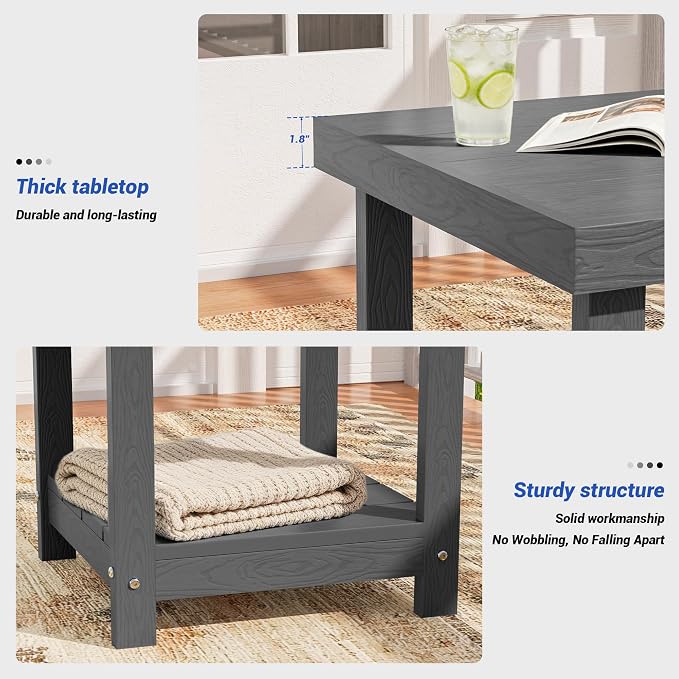 2-Tier HDPE Outdoor Square Side Table, Heavy-Duty Patio Side Table with Storage Shelf, Weather-Resistant Adirondack End Tables for Backyard, Pool, Porch, Garden, Lawn, Grey