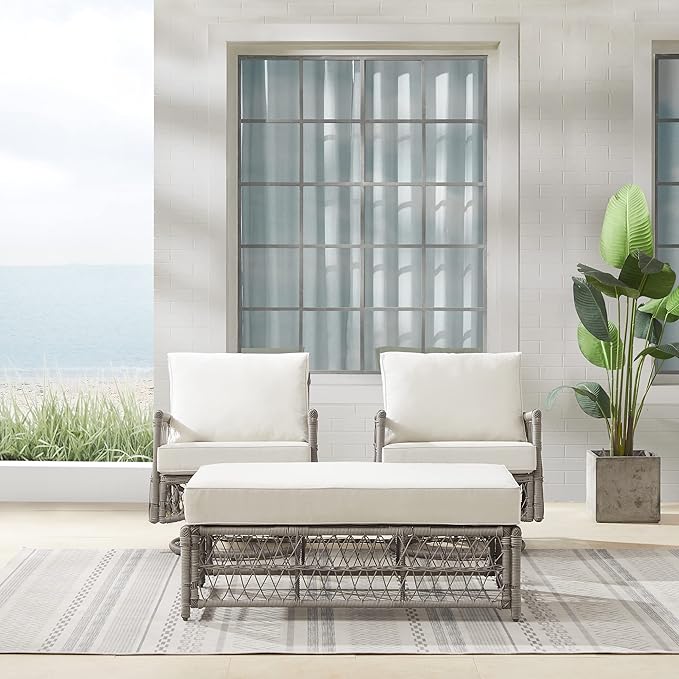 Crosley Furniture Thatcher 3-Piece Outdoor Swivel Rocker Chair and Ottoman Patio Furniture Set, Wicker Conversation Sets for Porch, Driftwood with Creme Cushions