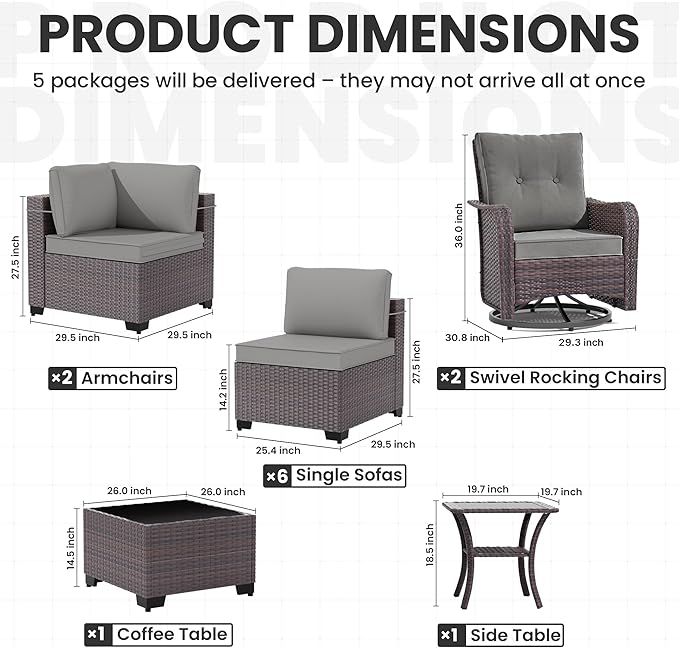 12 Pieces Outdoor Patio Furniture Set,Outdoor Sectional Furniture All Weather PE Rattan Wicker Patio Conversation Set with Coffee Table,Swivel Rocking Chairs Set,Grey