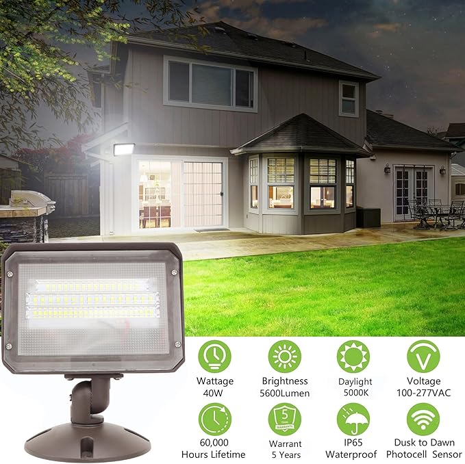 40W Outdoor LED Flood Light Dusk to Dawn with Knuckle, 5600LM 500W Equivalent, 100-277V 5000K Daylight, ETL Commercial LED Flood Light Fixture, Outdoor Security Lighting for Landscape/Parking Lot
