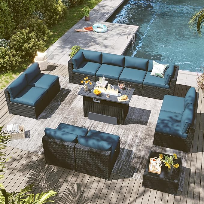 LazySunsets 12 Piece Outdoor Patio Furniture Set with 44'' Fire Pit Table, Outdoor Patio Furniture Sets with Waterproof Cover, Wicker Outdoor Conversation Set for Backyard & Garden, Peacock Blue