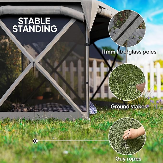 Outsunny Pop Up Gazebo Screen Tent House, 11 x 11ft with UPF30+ Removable Roof Cover, 4 Roll-up Wind Panels and Carry Bag for Camping, Patio, Backyard, Lawn, Dark Gray