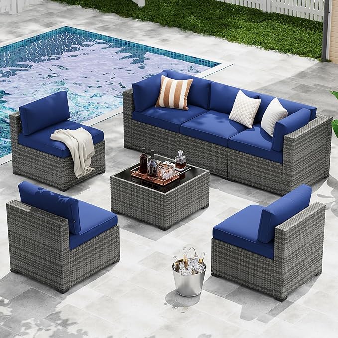 LazySunsets 7-Piece Patio Furniture Set, Wicker Rattan Outdoor Furniture with Thick Cushions, Patio Conversation Sets with Coffee Table, Outdoor Sectional Couch Sofa with Waterproof Cover, Blue