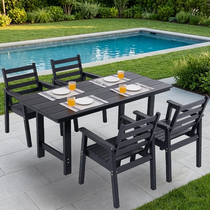 5-Piece Outdoor Dining Set, All-Weather HDPE Patio Furniture, 66.5" Slatted Table with 1.6" Umbrella Hole & 4 Ergonomic Armchairs, Heavy Duty 350lbs Capacity, UV Resistant, Black