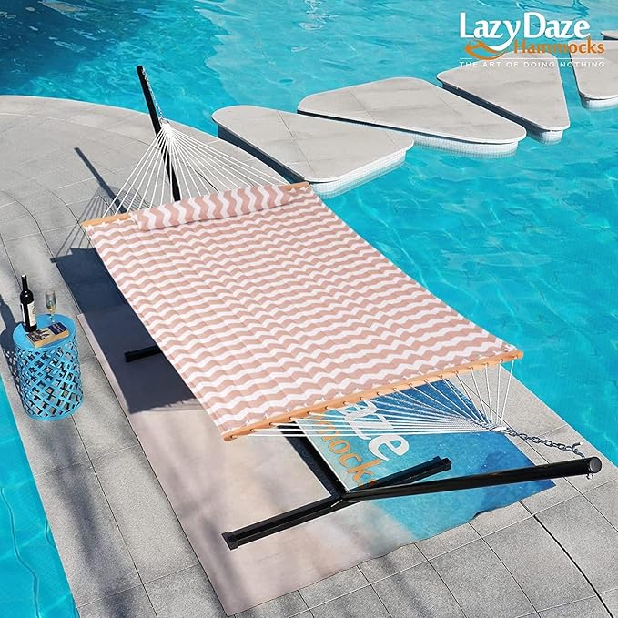 Lazy Daze Hammocks 12FT Quilted Fabric Double Hammock with Spreader Bars and Detachable Pillow, 2-Person for Patio, Poolside, Backyard, Beach - 450 lbs Capacity, Beige Wave