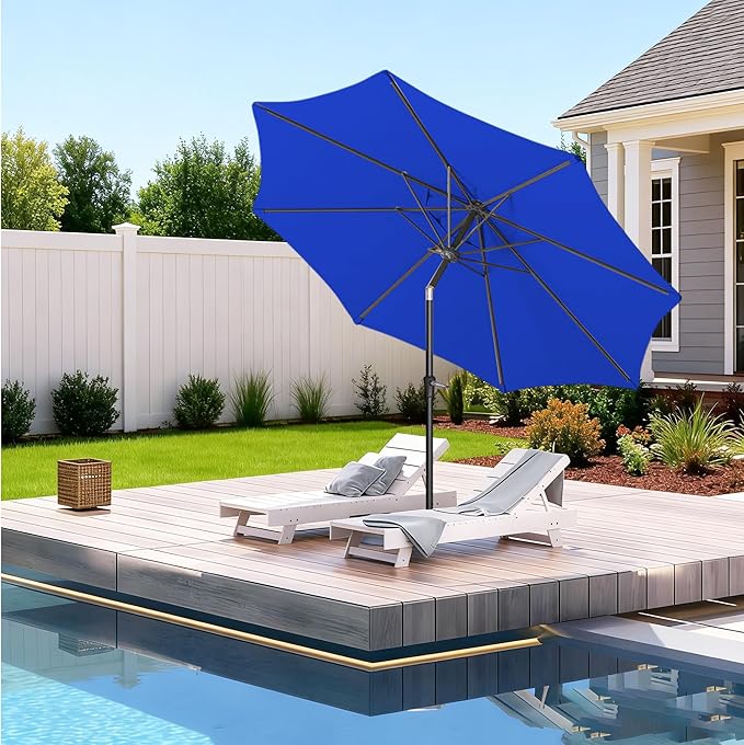 9FT Outdoor Patio Umbrella Outdoor pool Umbrella with Push Button Tilt and Crank, Market Umbrella 8 Sturdy Ribs UV Protection for Garden, Deck, Backyard (Royal Blue)