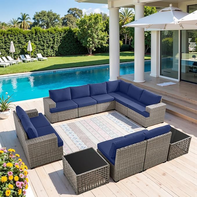 Belord Patio Conversation Set - 10-Seater Modular Wicker Outdoor Sectional Sofa Set, High Back Patio Furniture Sets with Glass Coffee Table for Outdoor Gatherings