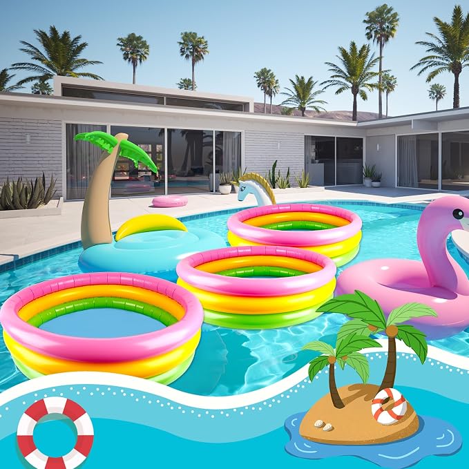 4 Pack Round Pools Bulk 34 x10 Inch Inflatable Swimming Pool 3 Rings Small Blow up Padding Ball Pond for Summer Outdoor Floats Water Game (Color Set 1)