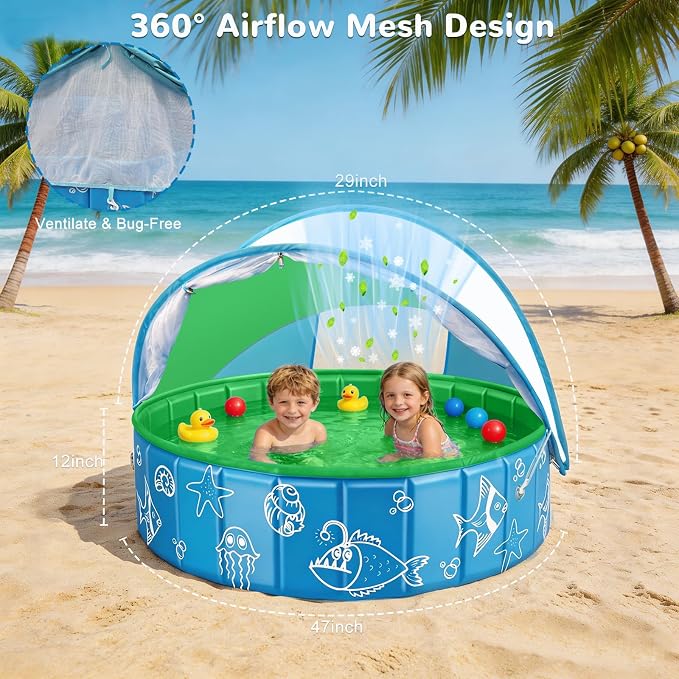 Foldable Kiddie Pool with Canopy, 47in Baby Pool with Detachable UPF 50+ Sunshade, Portable Non-Slip Swimming Pool Dog Pool for Backyard, Beach, Outdoor Summer Water Play
