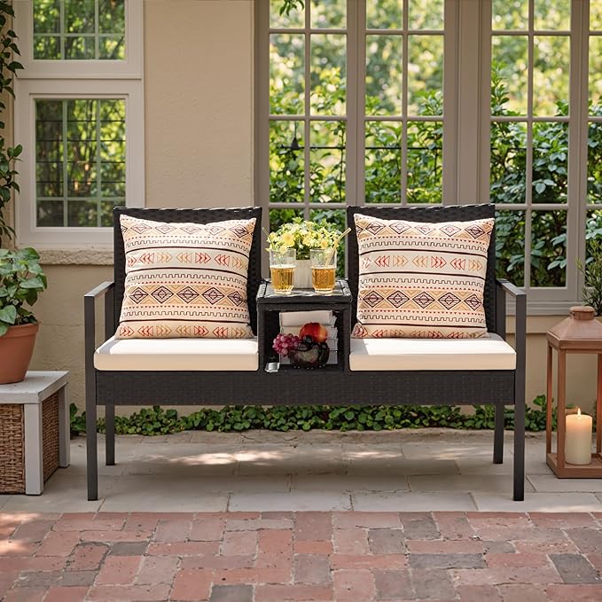 Greesum Patio Conversation Set Outdoor Wicker Furniture Sets with Soft Cushions and Built-in Coffee Table for Lawn, Garden and Backyard, Beige