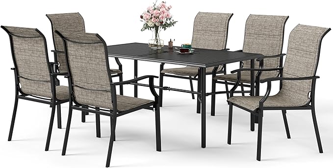 SUNSHINE VALLEY 7 Piece Patio Dining Sets for 6, Outdoor Table and Chairs Set with 1 Black Patio Dining Table(1.61"-2" Hole) and 6 Textilene Patio Dining Chairs, Outdoor Dining Sets for Deck Backyard